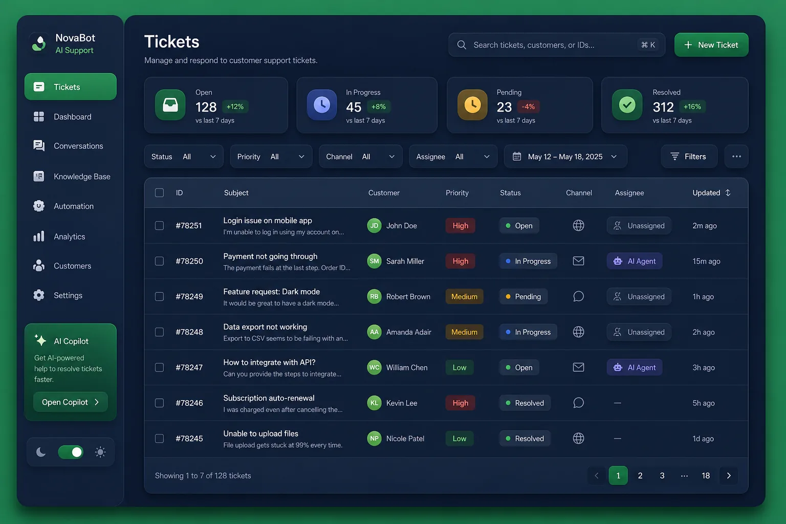 NovaBot – AI Customer Support — browse and list view
