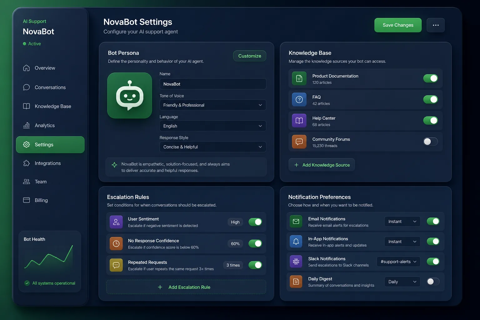 NovaBot – AI Customer Support — settings and configuration