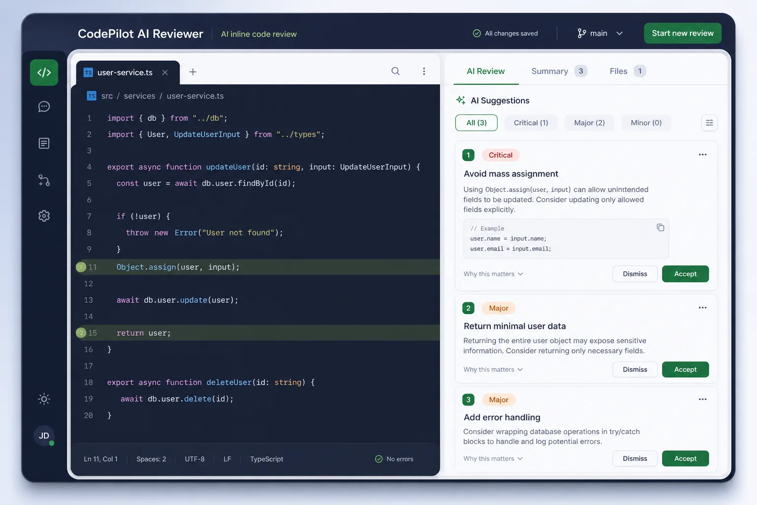 CodePilot AI Reviewer — core workflow screen