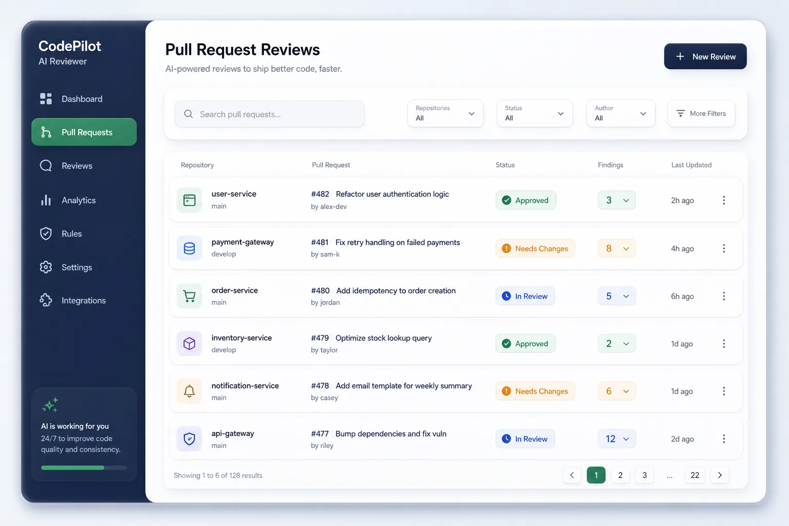 CodePilot AI Reviewer — browse and list view