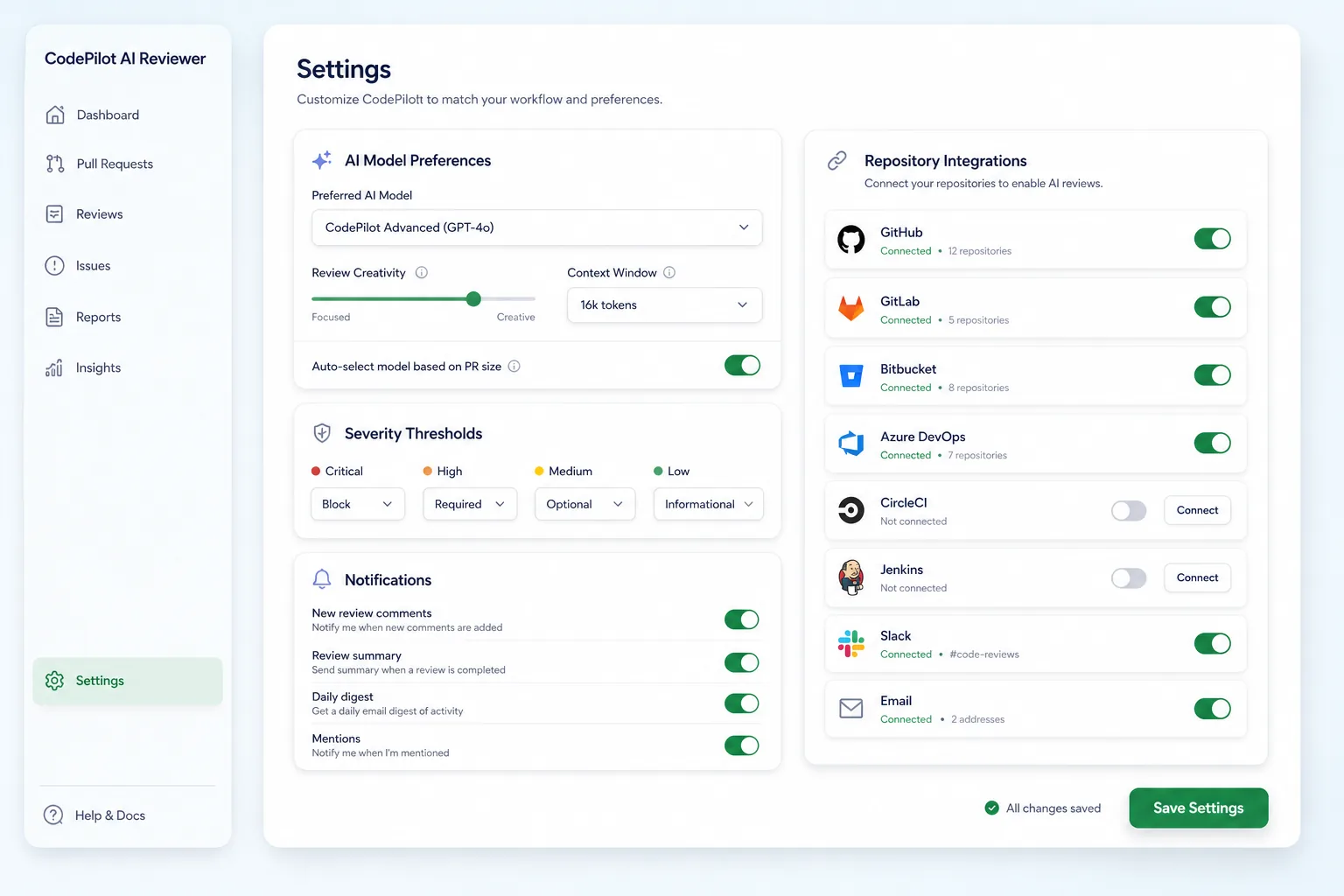 CodePilot AI Reviewer — settings and configuration