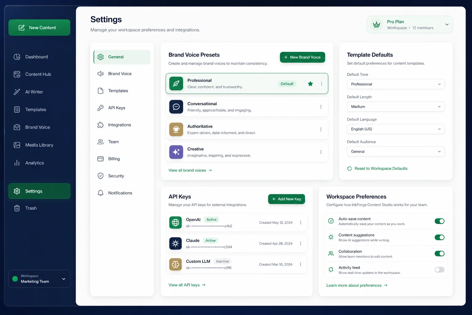 InkForge Content Studio — settings and configuration