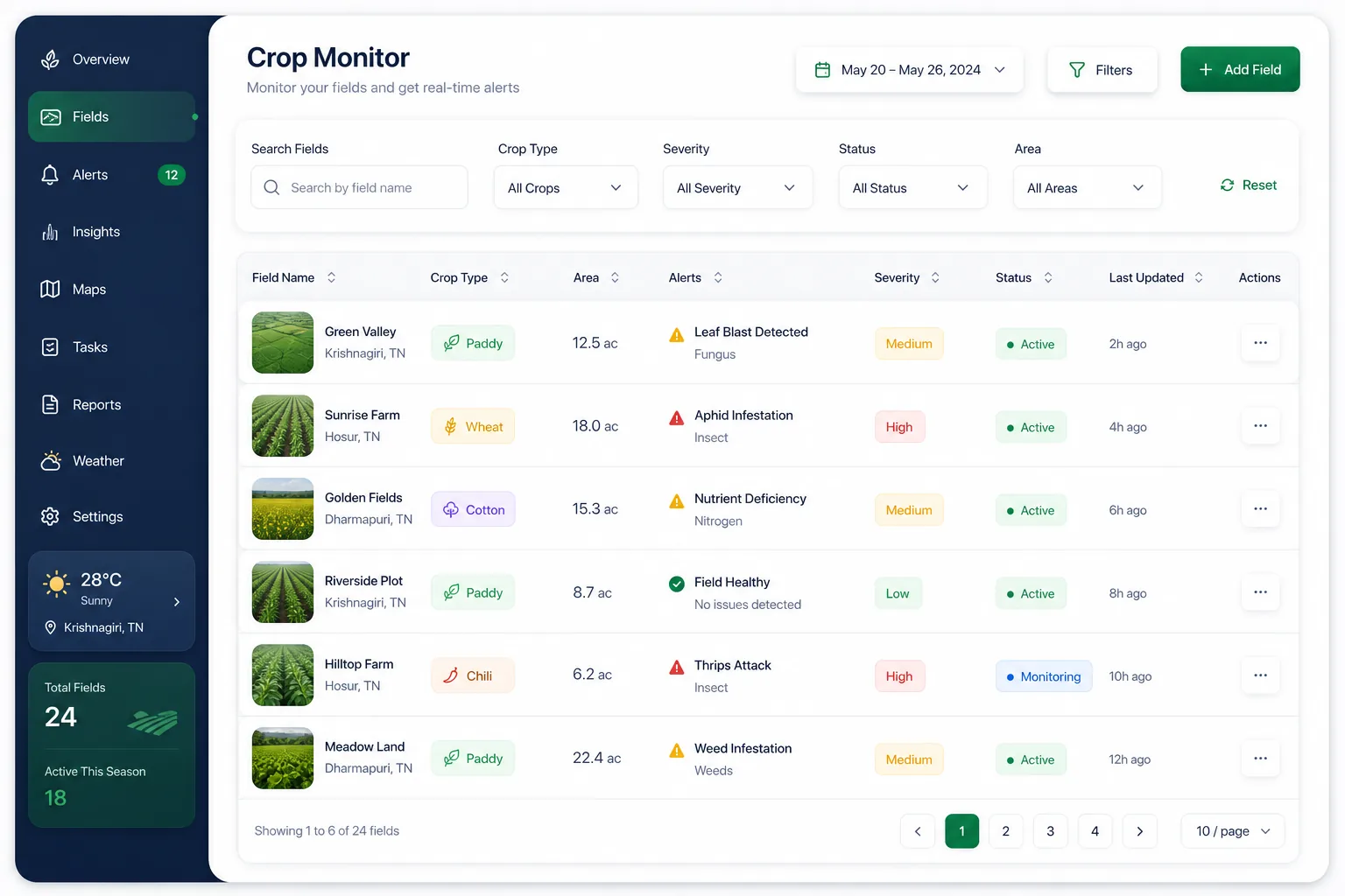 AgroSense Crop Monitor — browse and list view