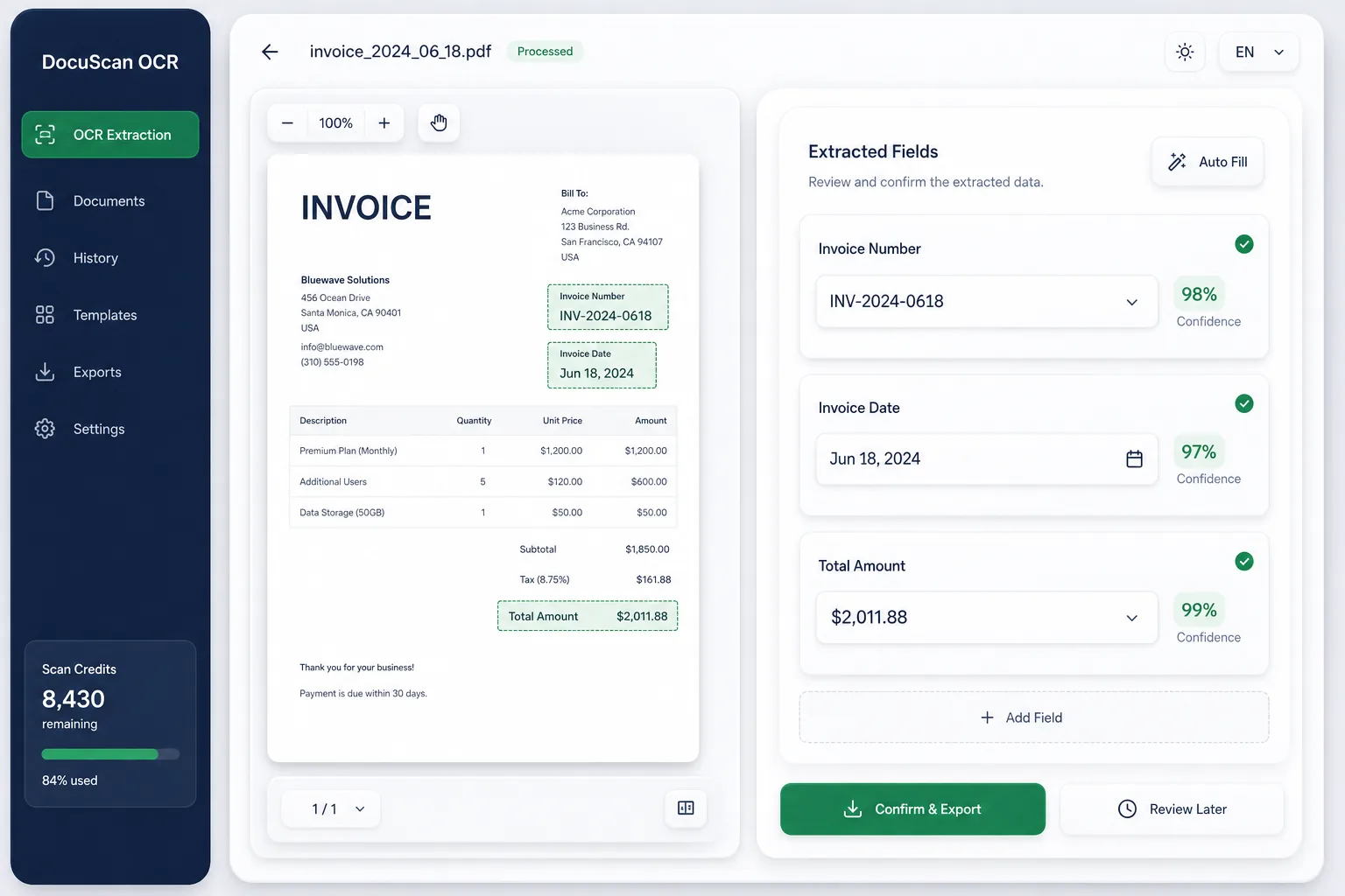 DocuScan OCR Engine — core workflow screen