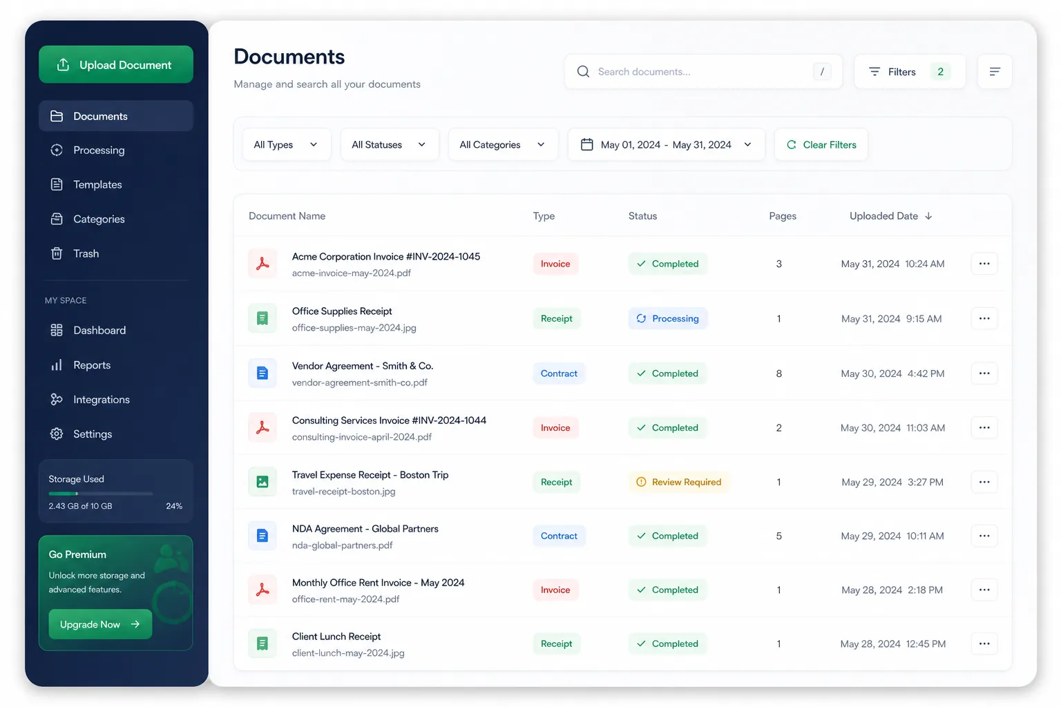 DocuScan OCR Engine — browse and list view