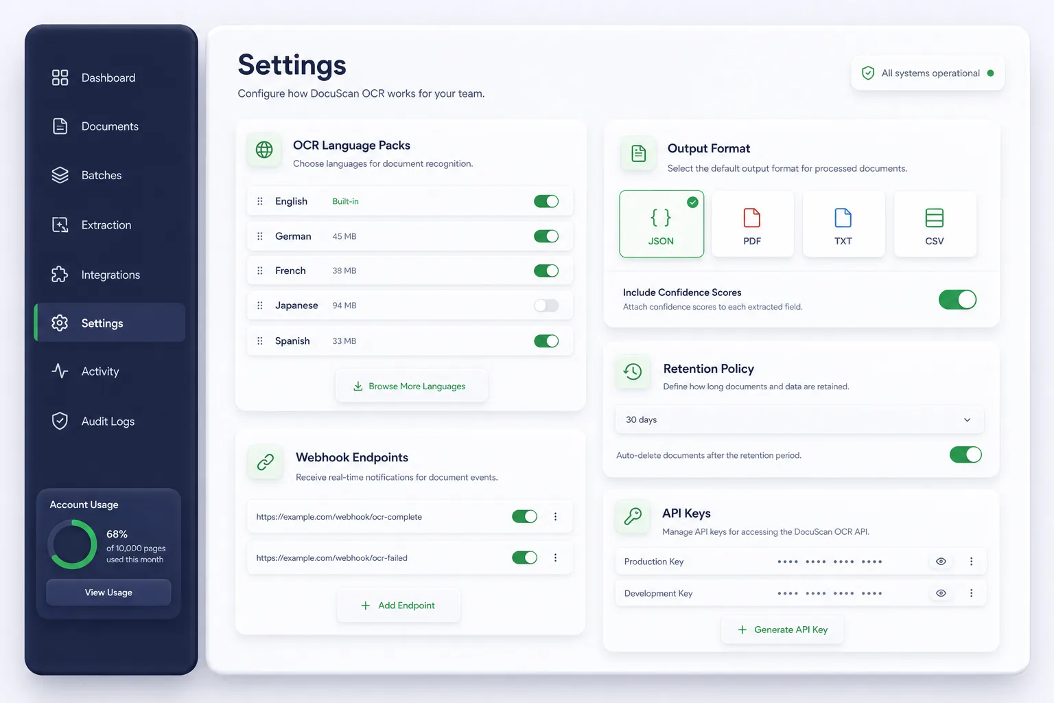 DocuScan OCR Engine — settings and configuration