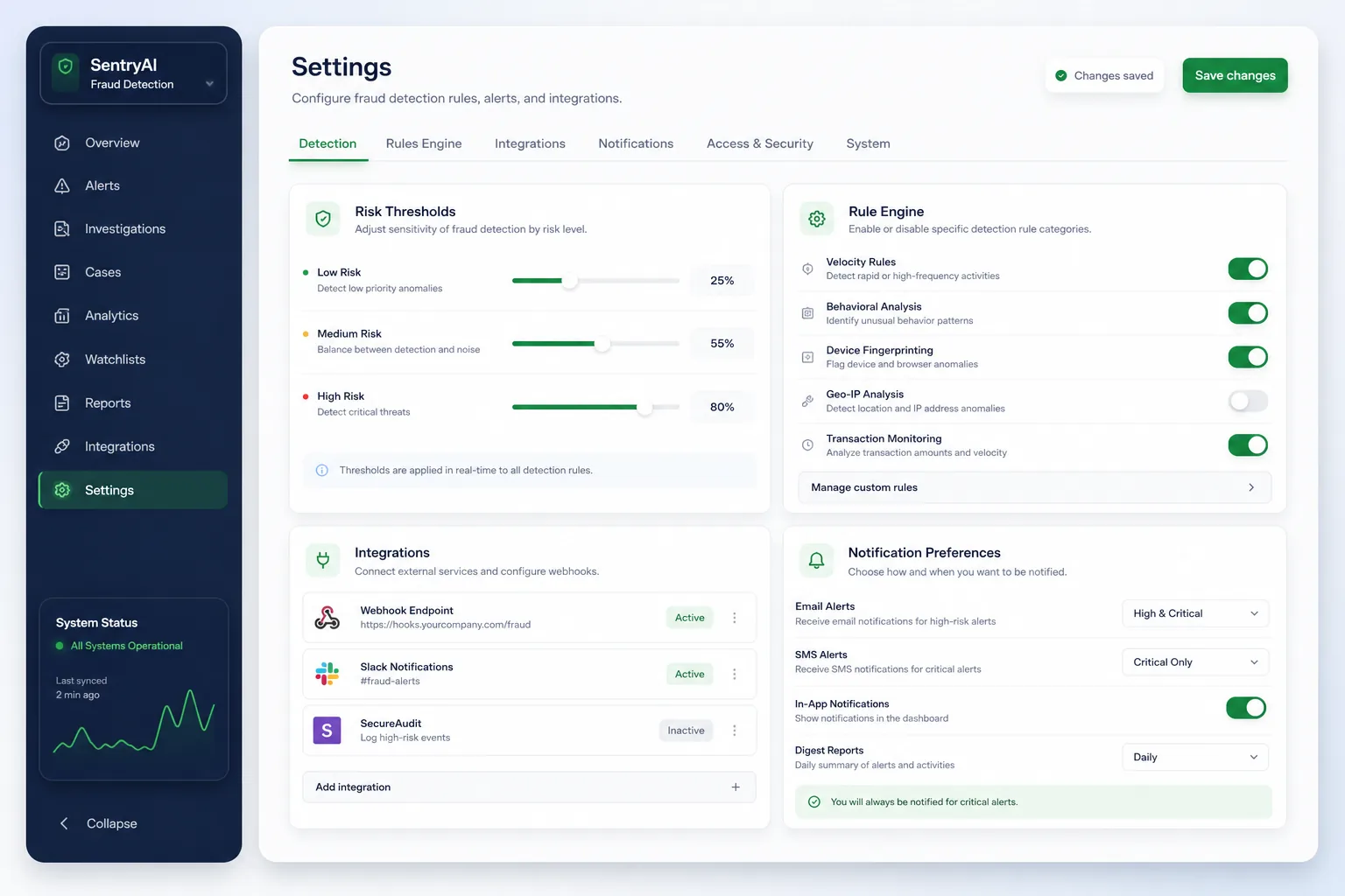 SentryAI Fraud Detection — settings and configuration