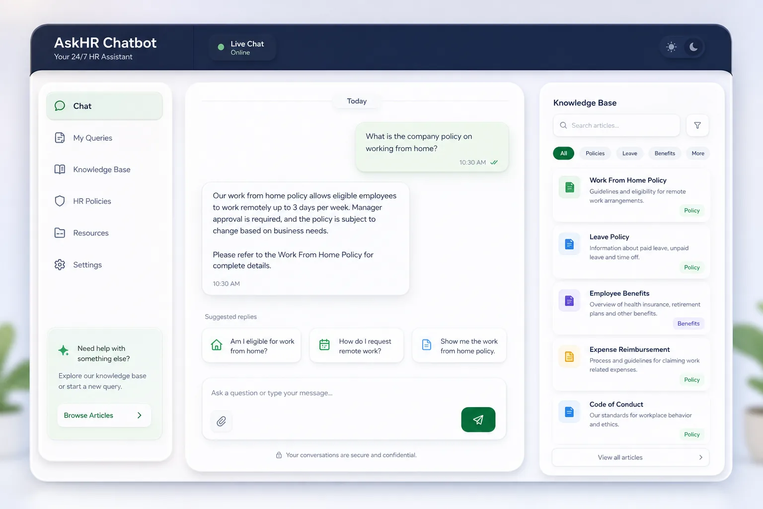 AskHR Employee Chatbot — core workflow screen