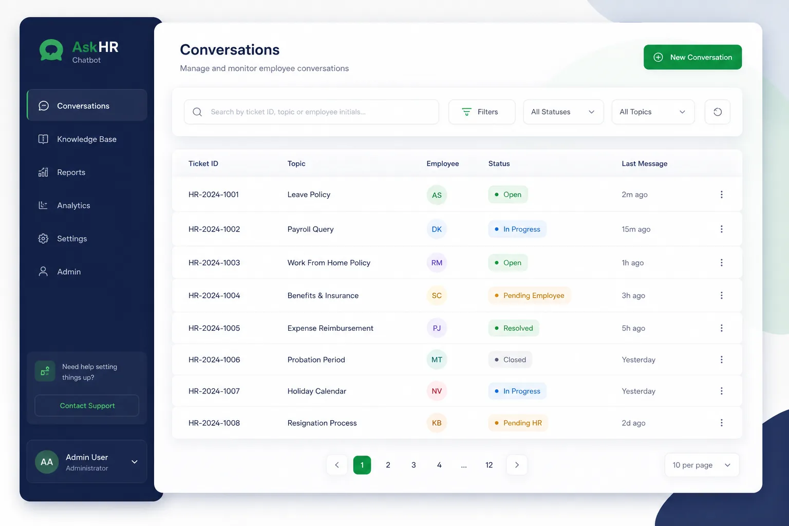 AskHR Employee Chatbot — browse and list view