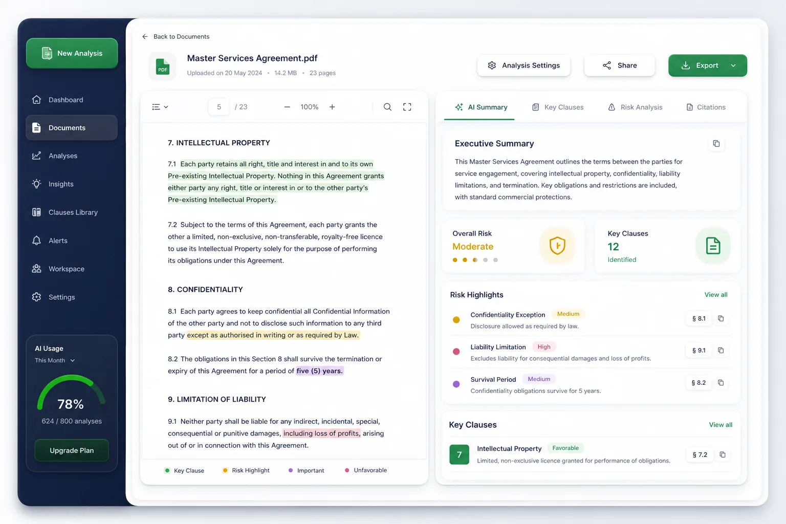 LexSum Legal AI — core workflow screen