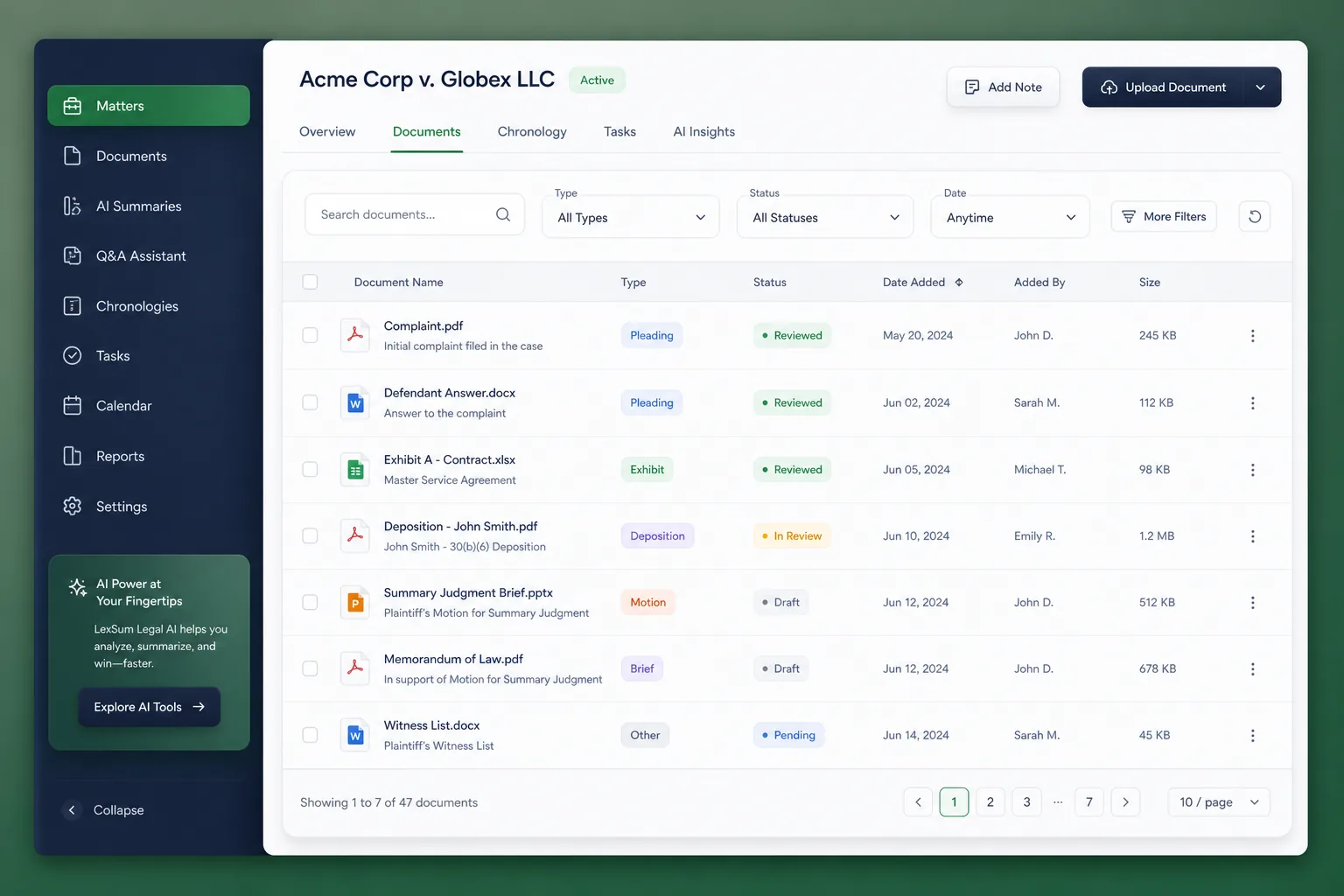 LexSum Legal AI — browse and list view
