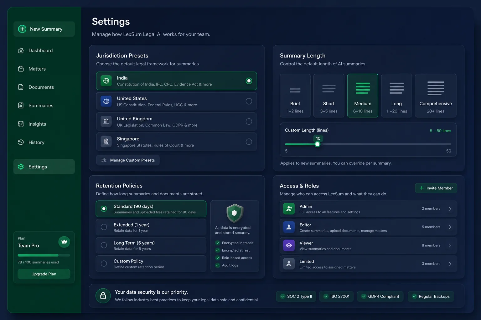 LexSum Legal AI — settings and configuration
