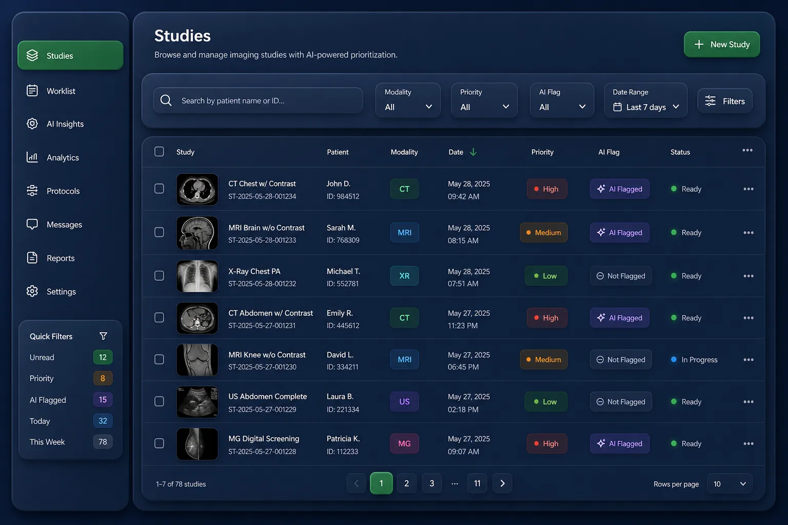 RadIQ Medical Imaging AI — browse and list view
