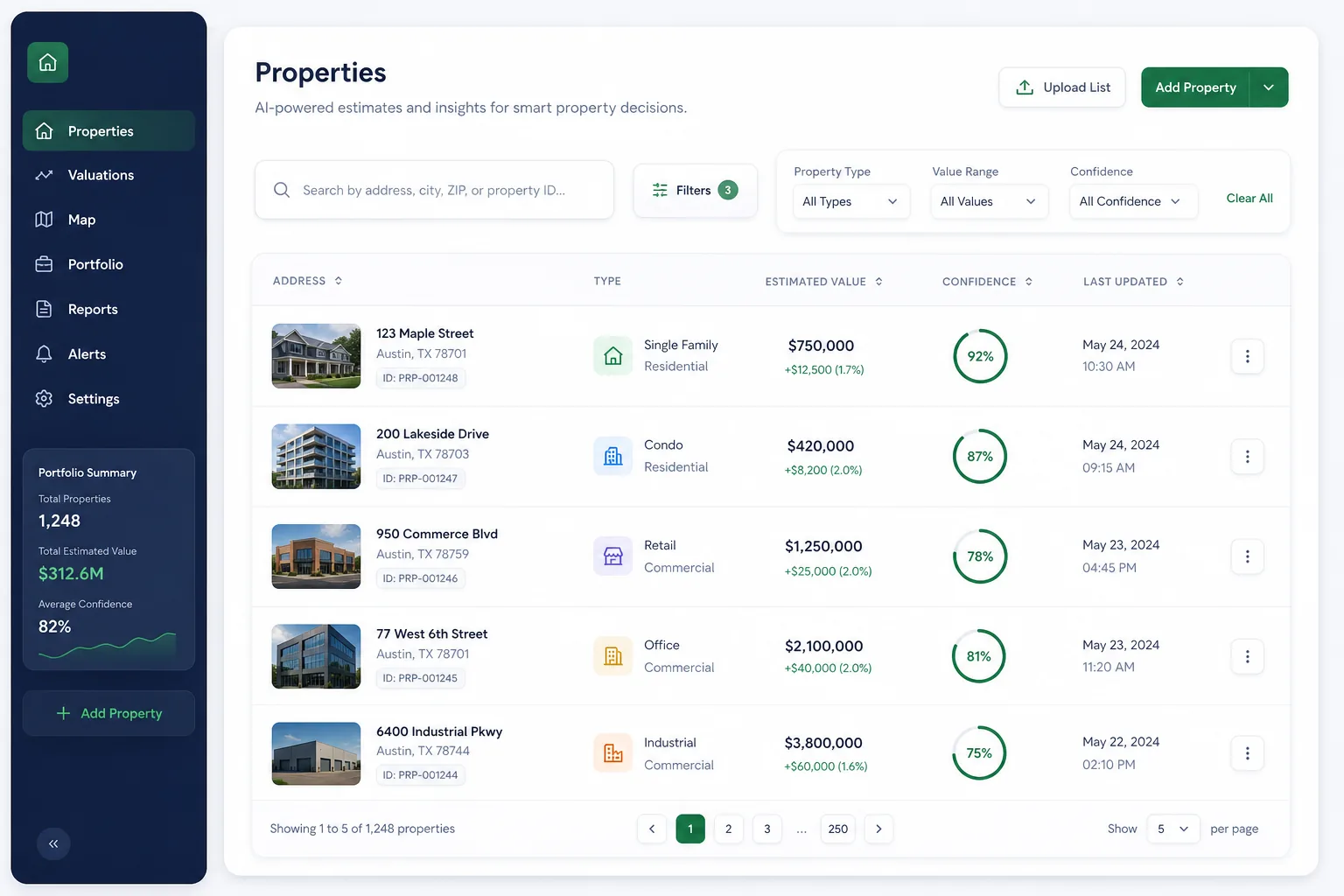 PriceScope Property AI — browse and list view
