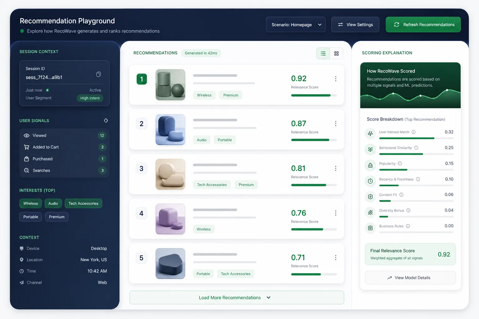 RecoWave Recommendation Engine — core workflow screen