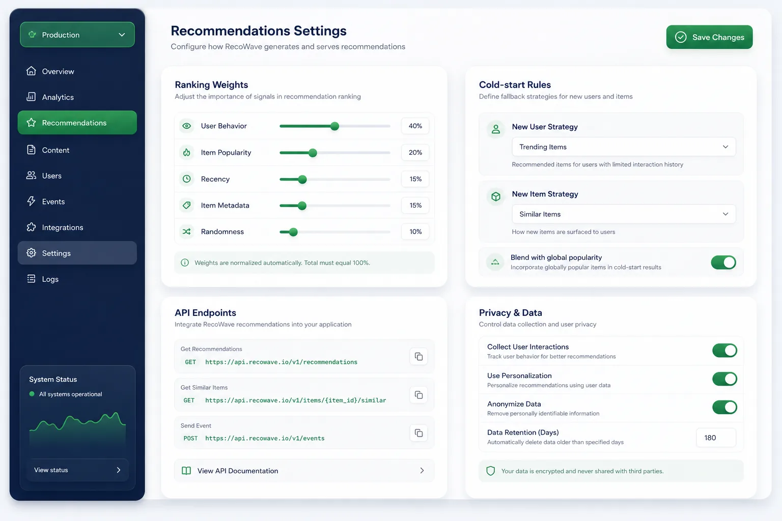 RecoWave Recommendation Engine — settings and configuration