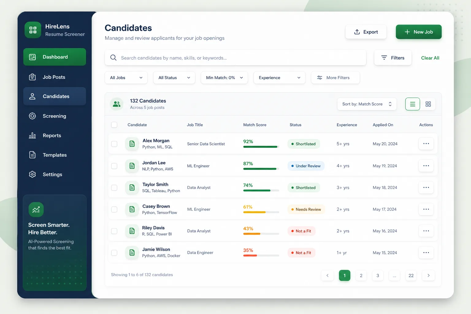 HireLens Resume Screener — browse and list view