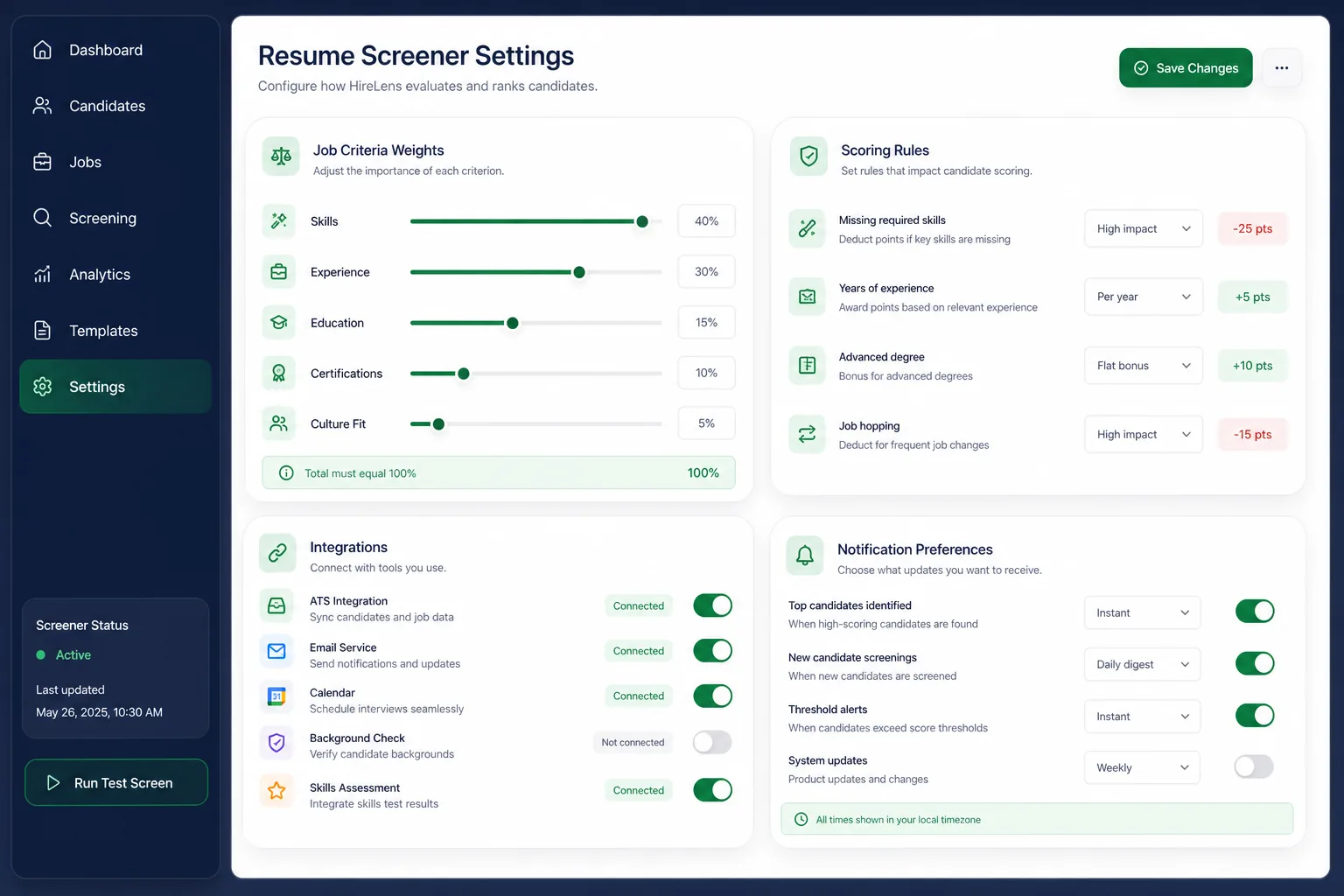 HireLens Resume Screener — settings and configuration