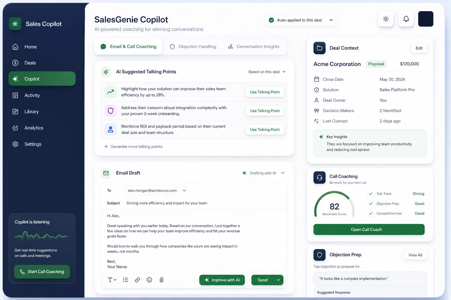 SalesGenie AI Copilot — core workflow screen