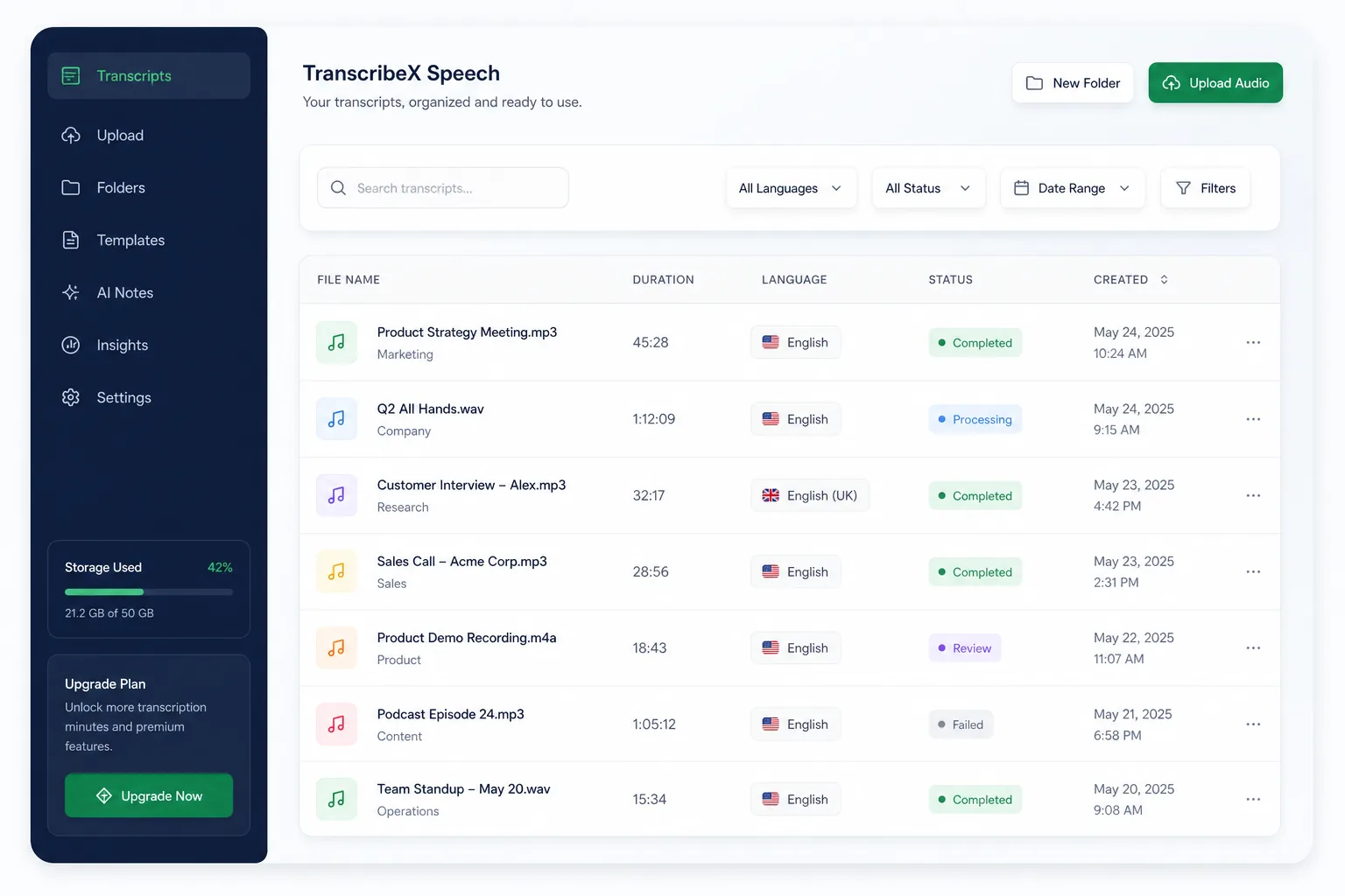 TranscribeX Speech AI — browse and list view