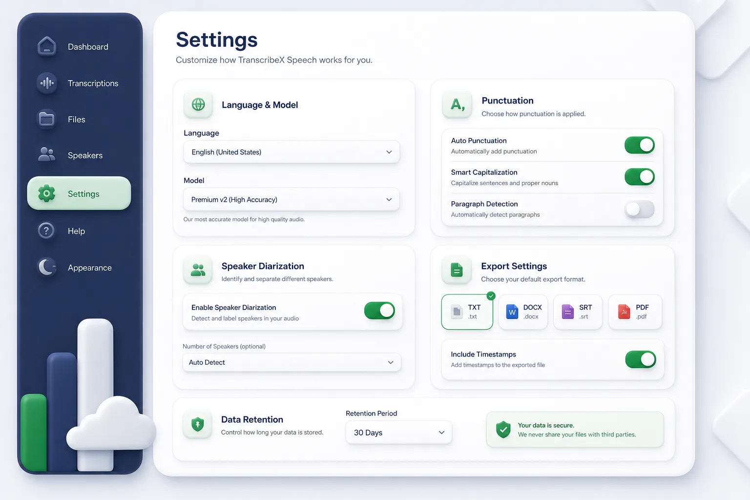 TranscribeX Speech AI — settings and configuration