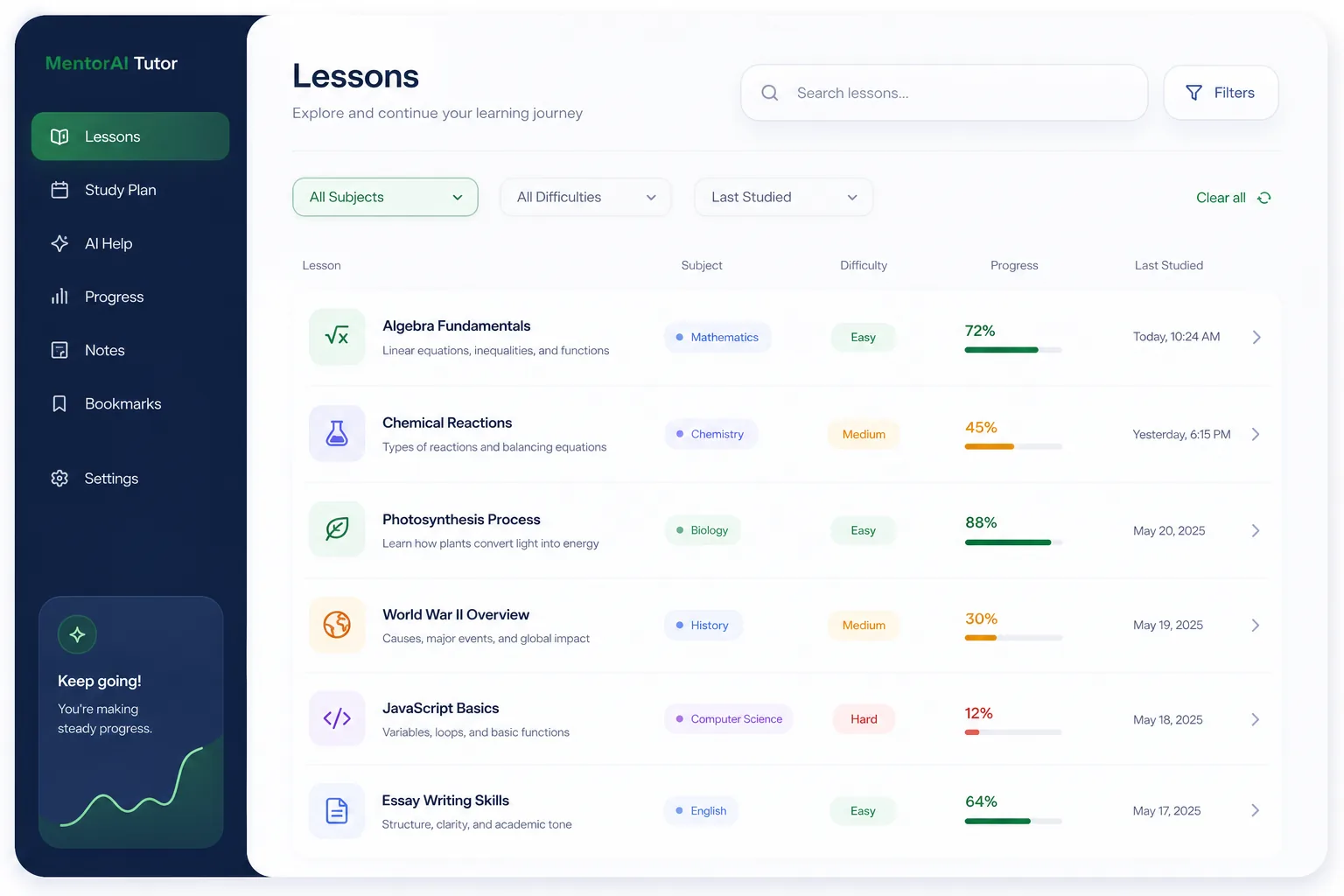 MentorAI Tutor — browse and list view