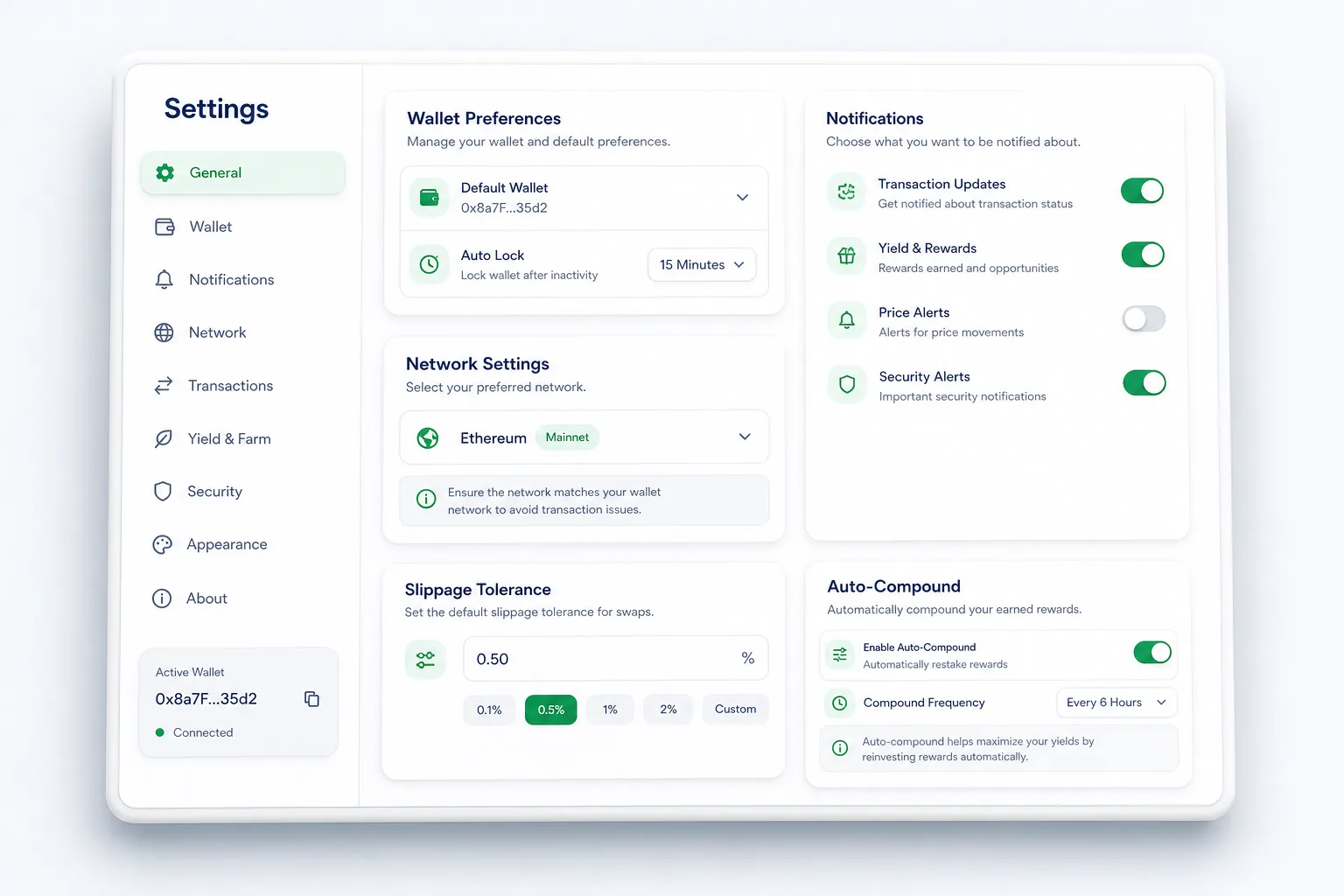 StakeYard DeFi Staking — settings and configuration