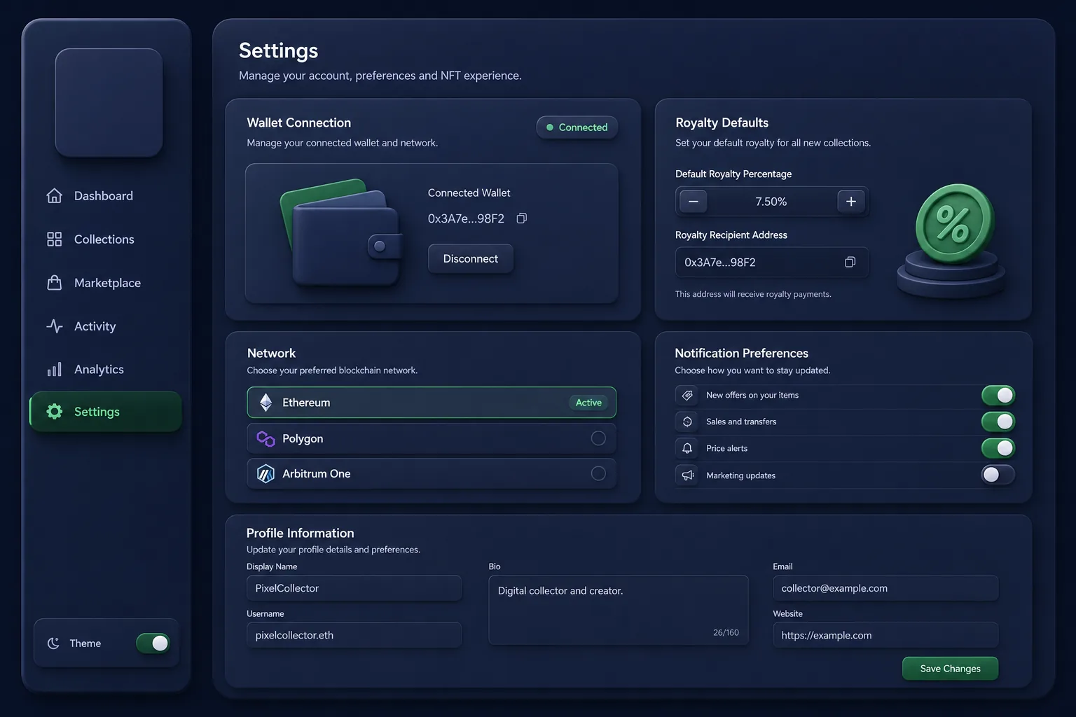 PixelVault NFT Marketplace — settings and configuration