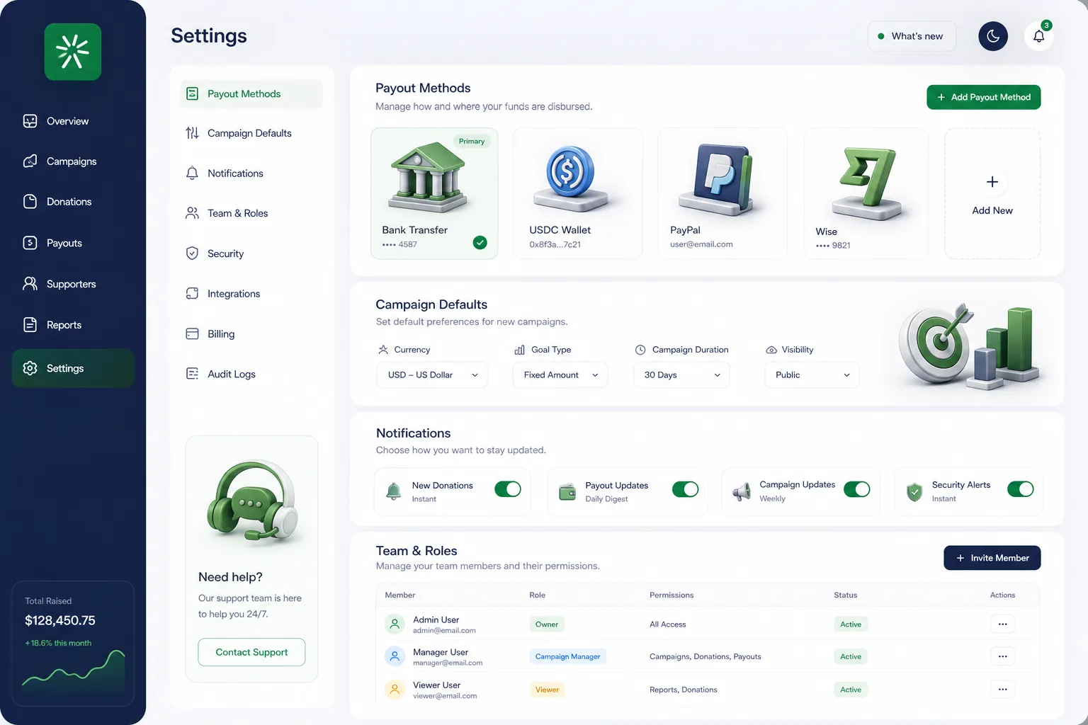 FundSpark Crowdfunding — settings and configuration