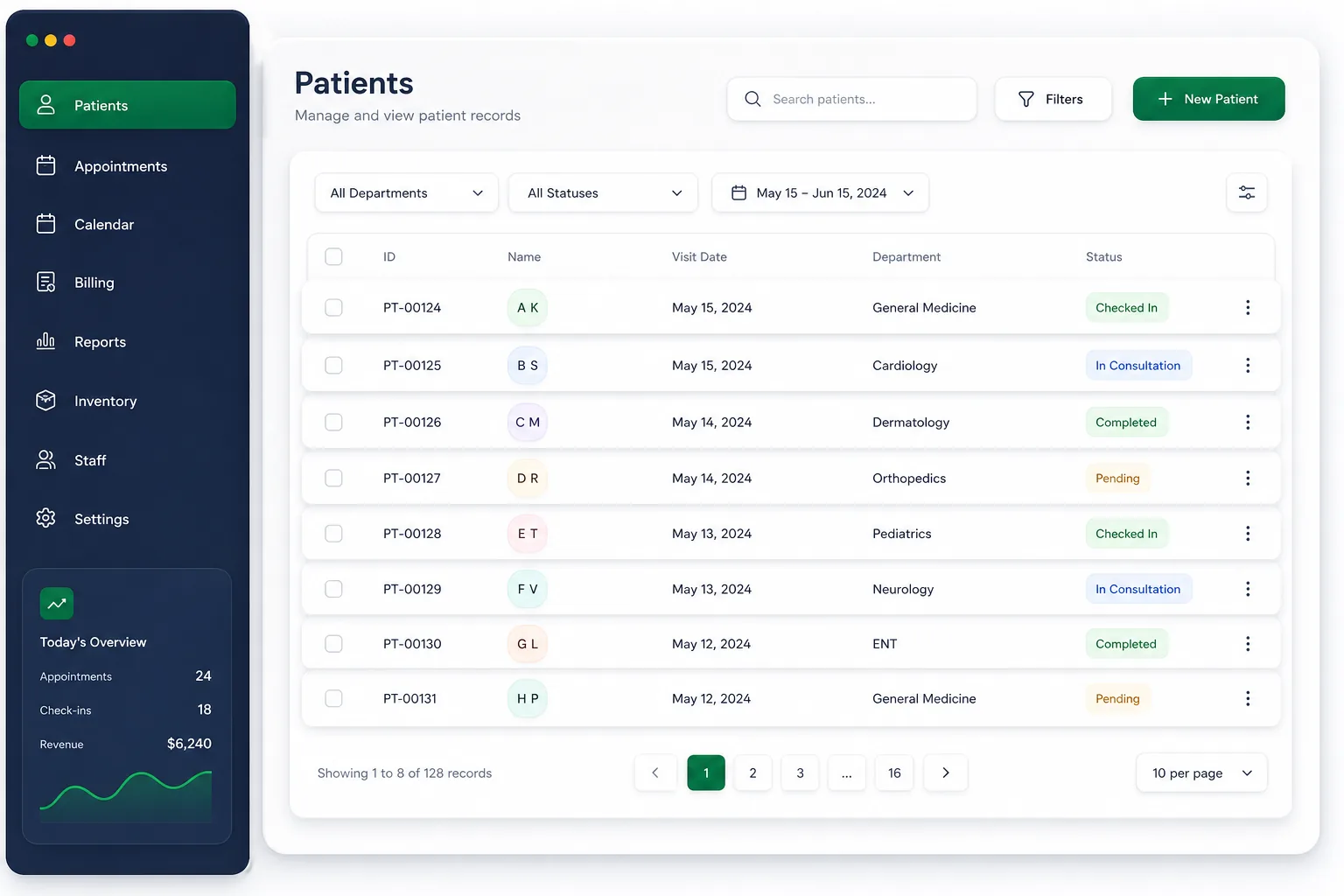 ClinicDesk Manager — browse and list view