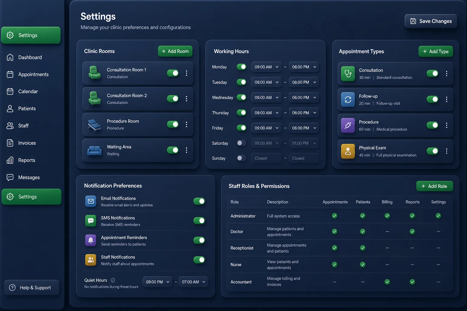 ClinicDesk Manager — settings and configuration