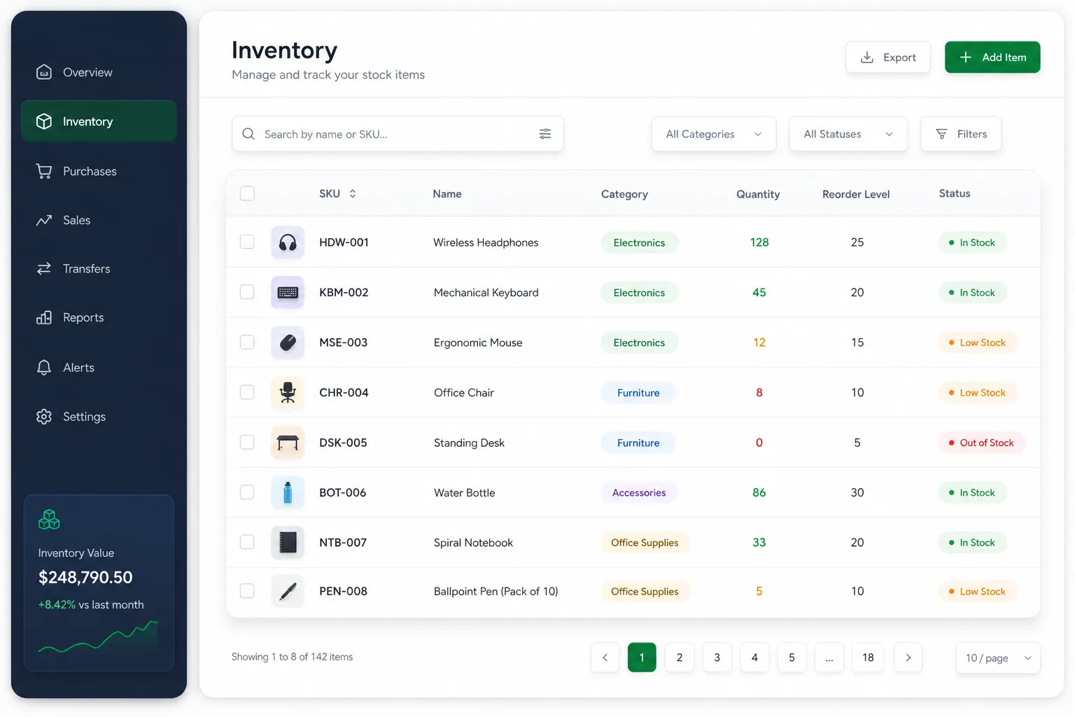 StockDesk Inventory Manager — browse and list view