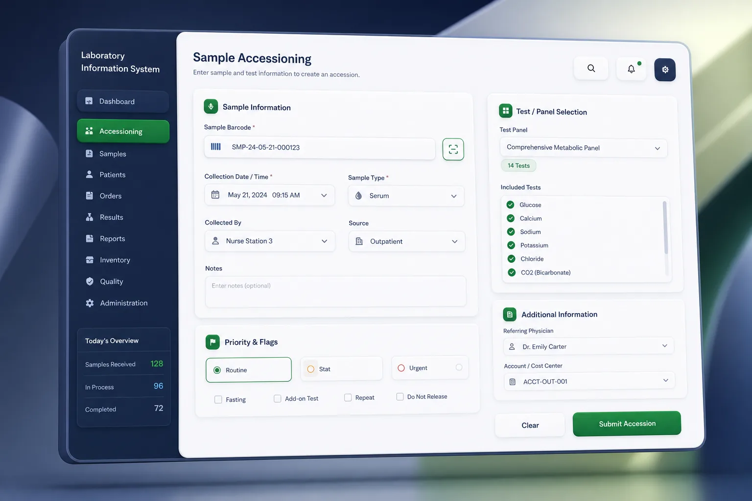 LabCore Lab Information System — core workflow screen