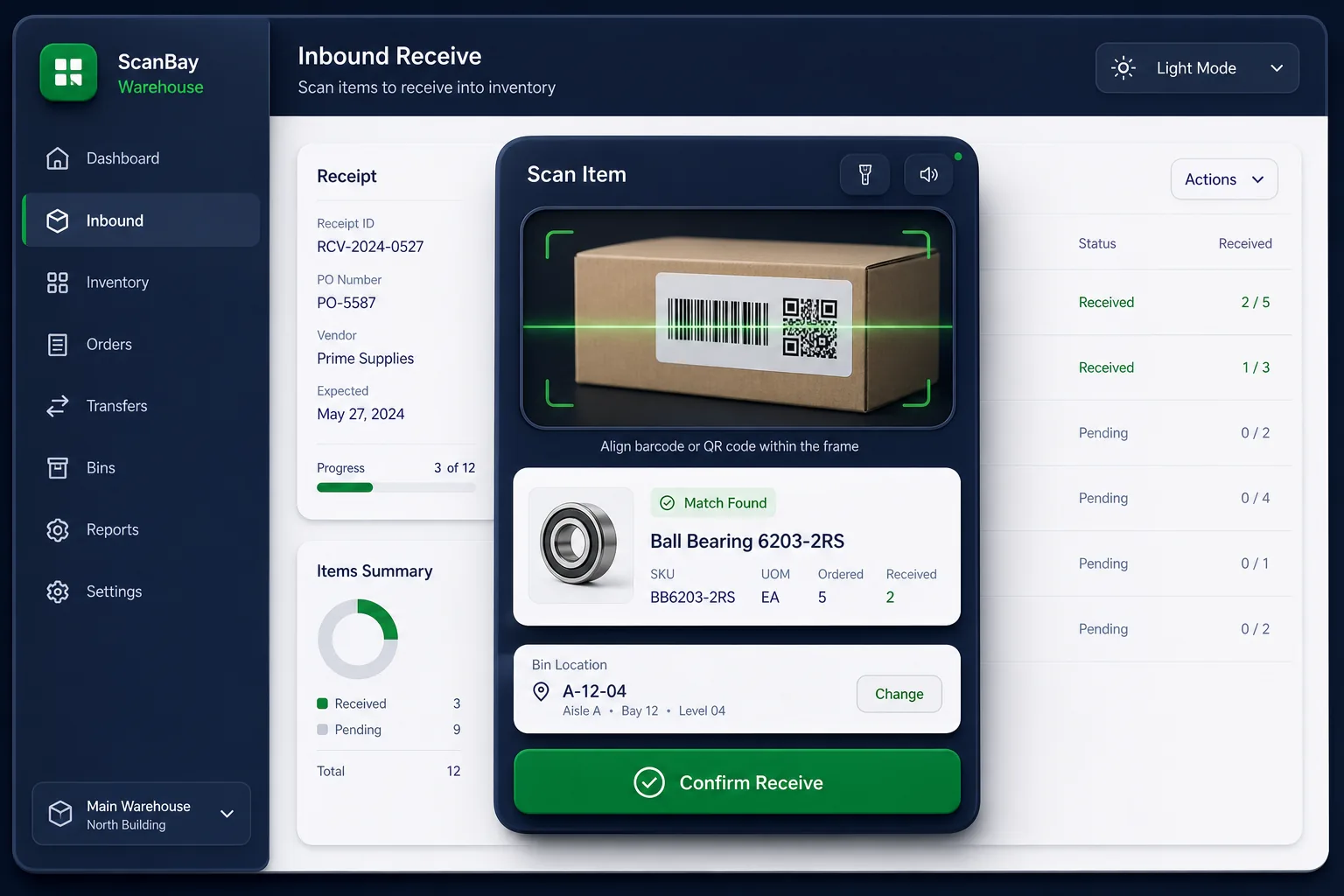 ScanBay Warehouse App — core workflow screen