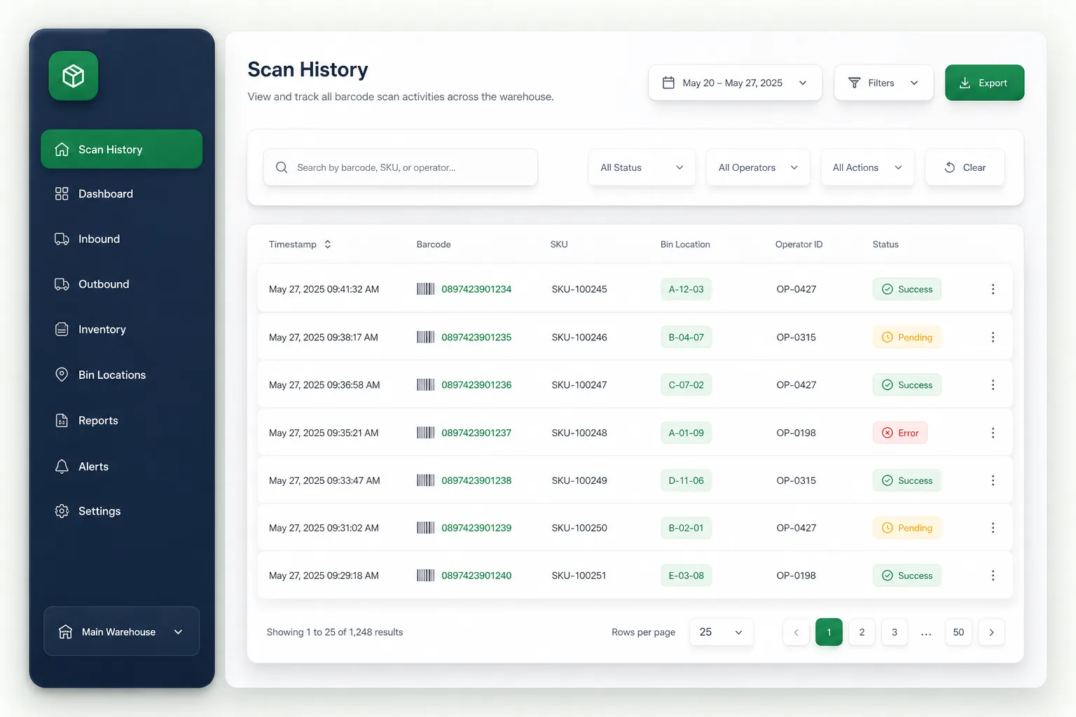 ScanBay Warehouse App — browse and list view