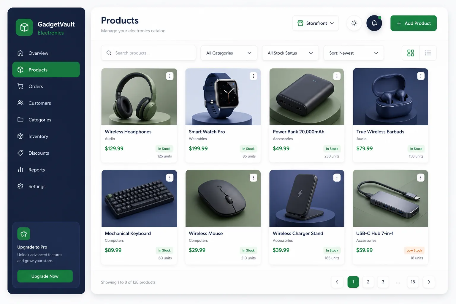 GadgetVault Electronics Store — browse and list view