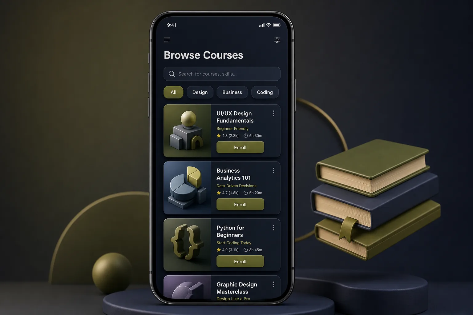 SkillPod Learning App — browse and list view