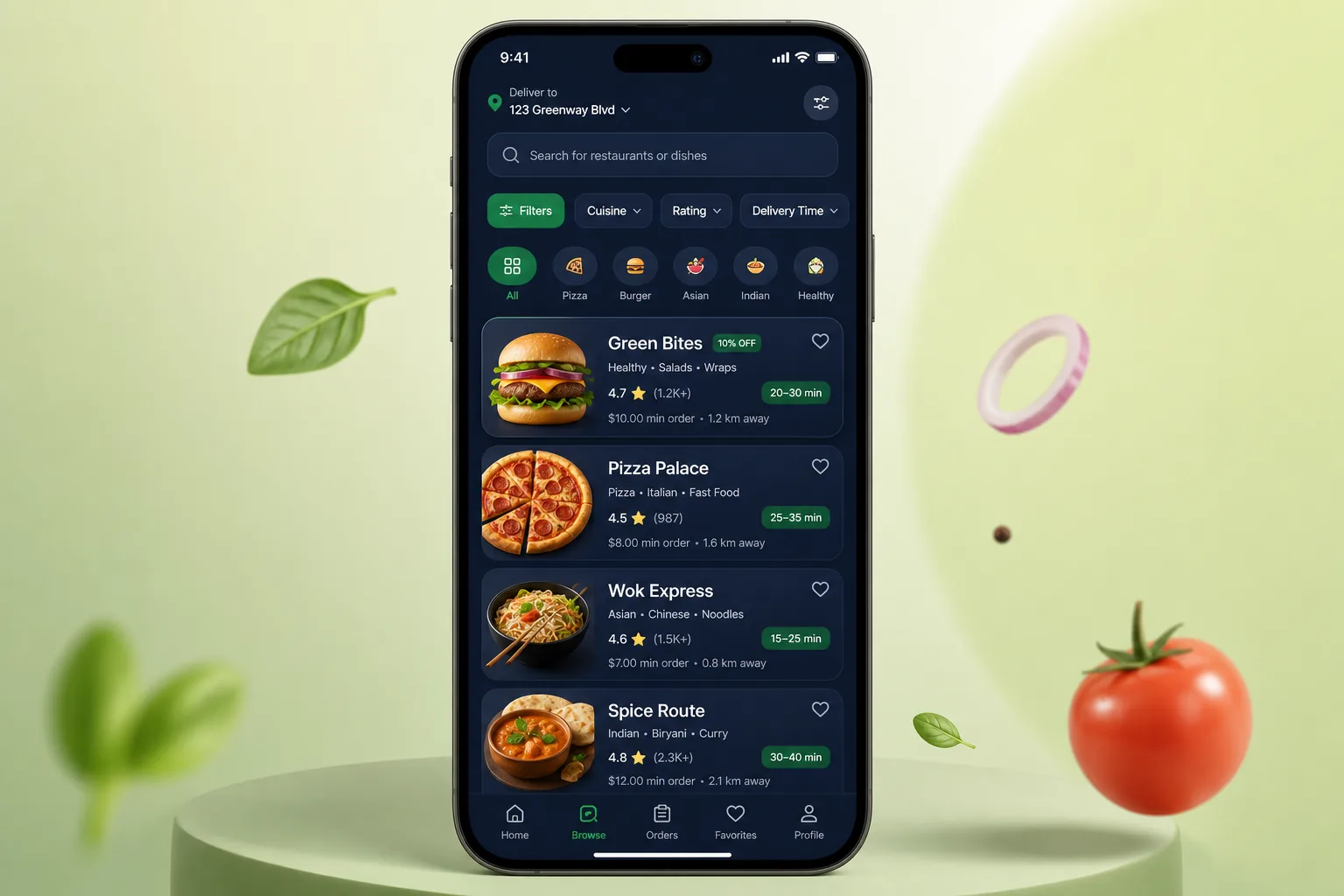 QuickBite Food Delivery App — browse and list view