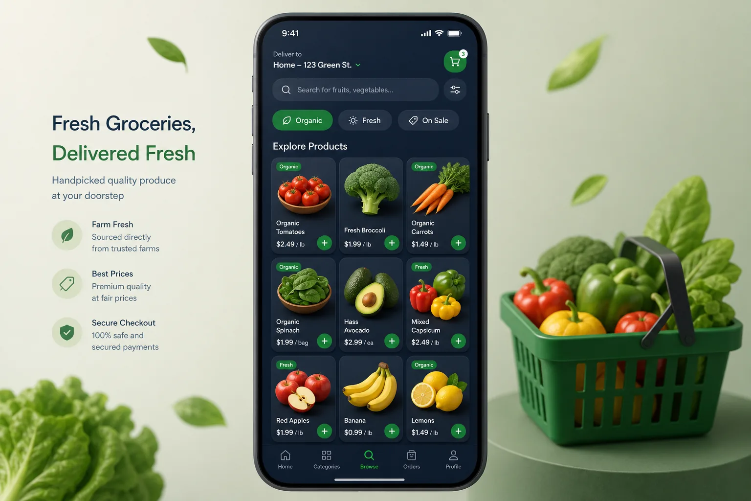 FreshCart Grocery — browse and list view