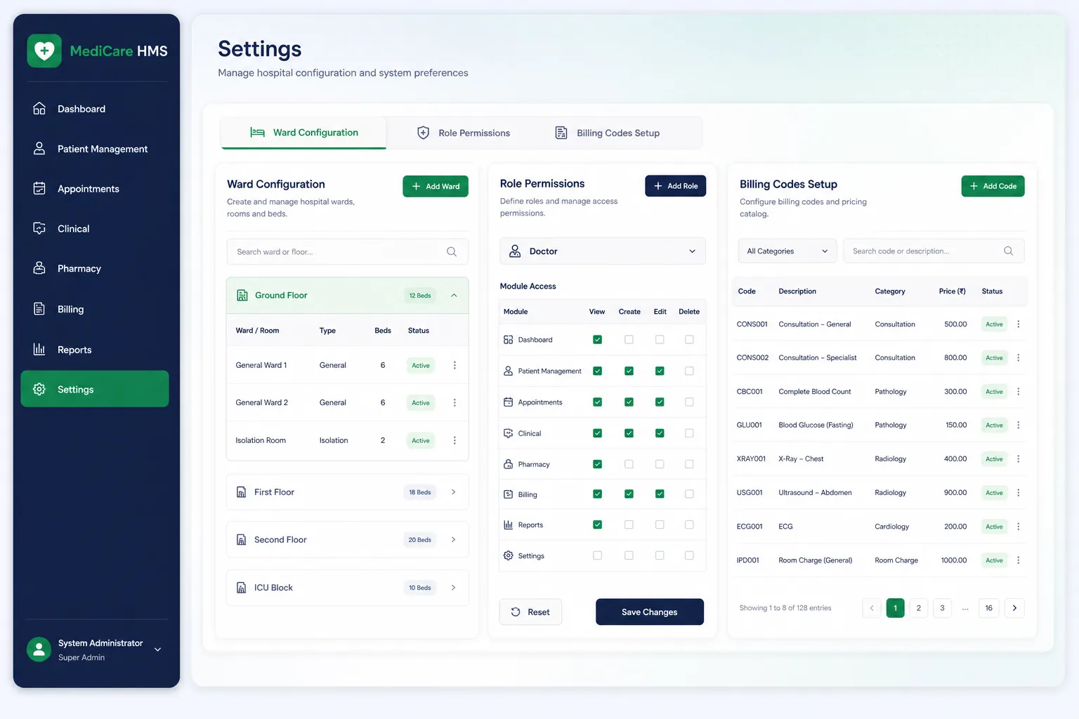 MediCare HMS — settings and configuration