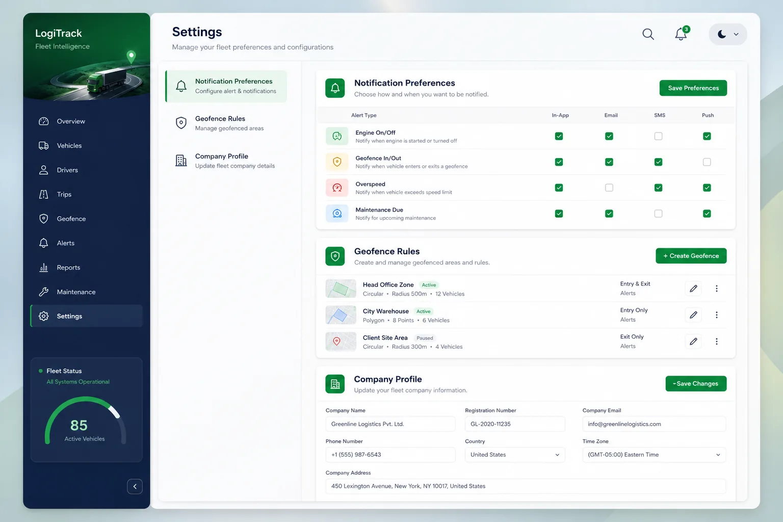 LogiTrack – Fleet & Delivery Tracker — settings and configuration