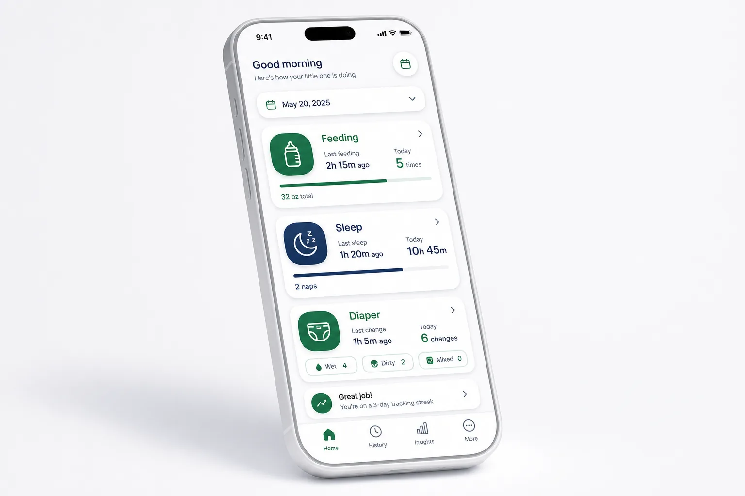 TinyLog Baby Tracker — dashboard overview