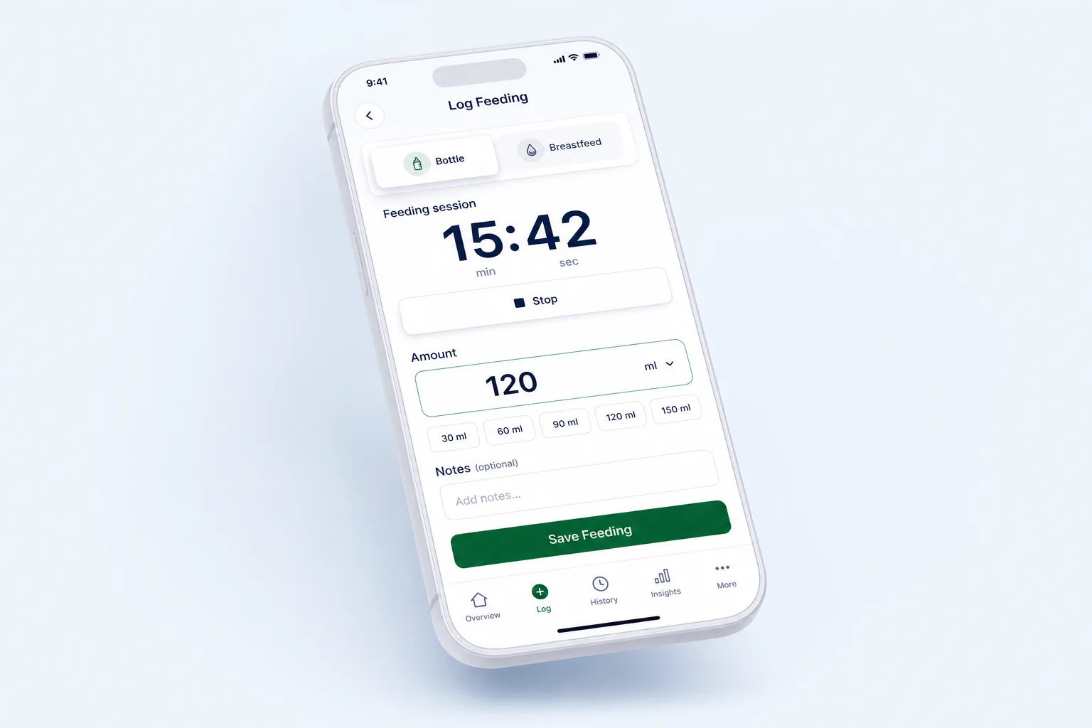 TinyLog Baby Tracker — core workflow screen
