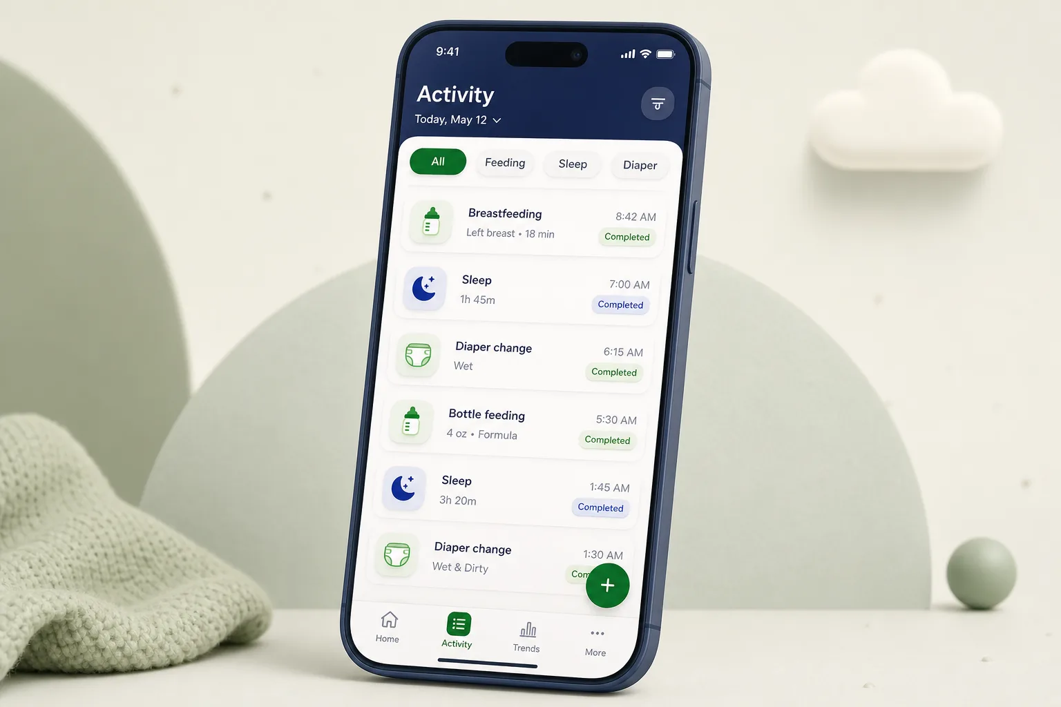 TinyLog Baby Tracker — browse and list view