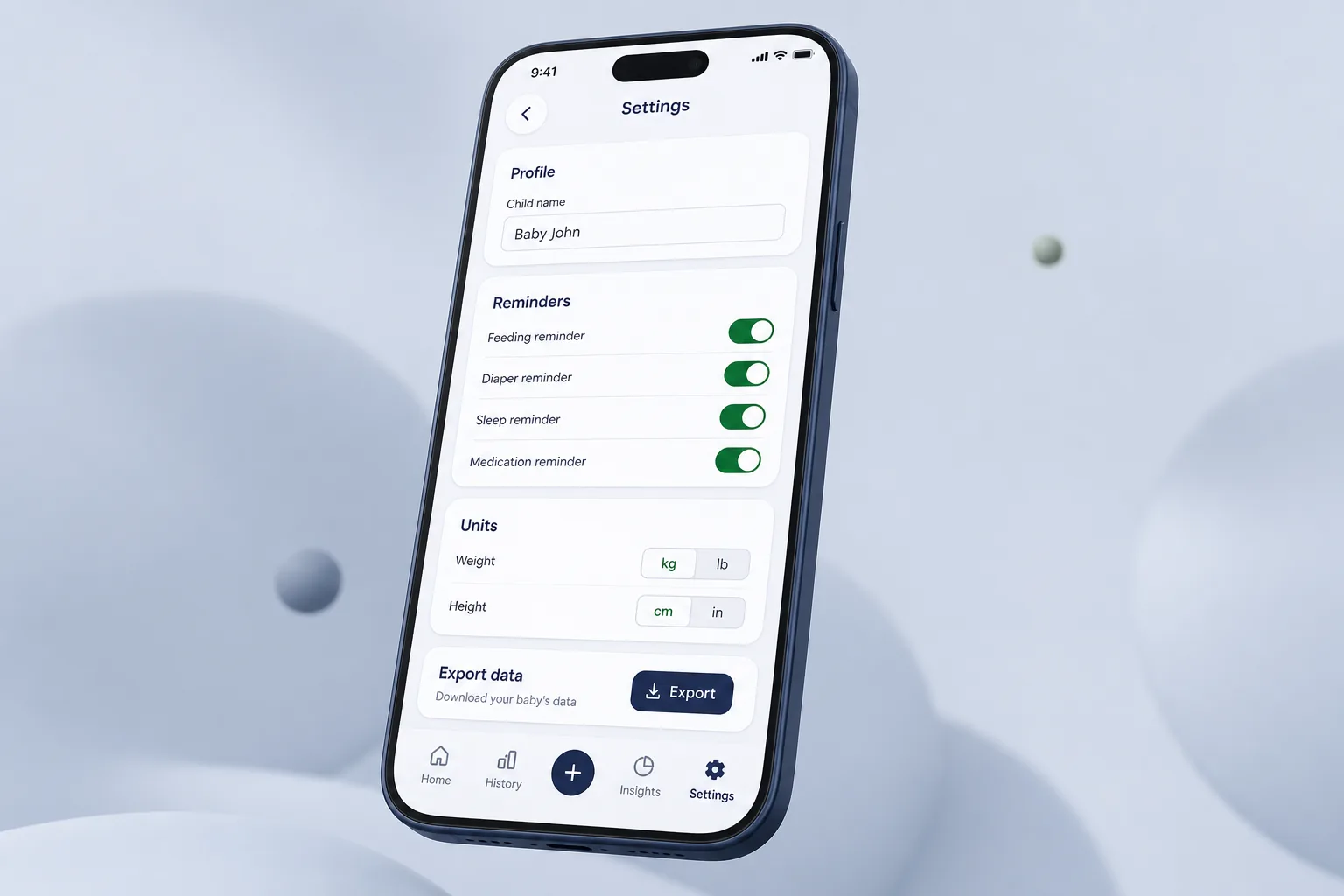 TinyLog Baby Tracker — settings and configuration