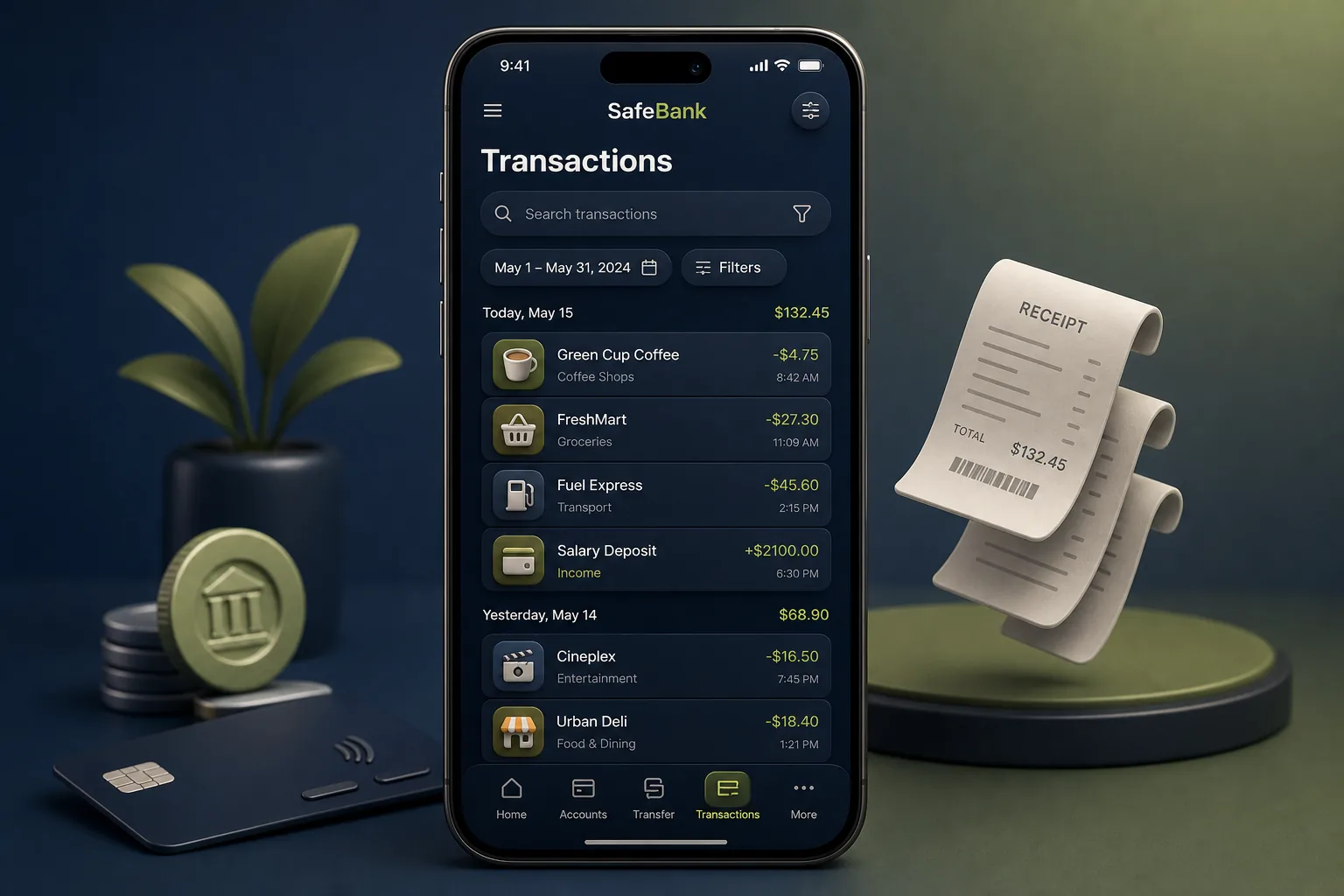 SafeBank Mobile Banking — browse and list view