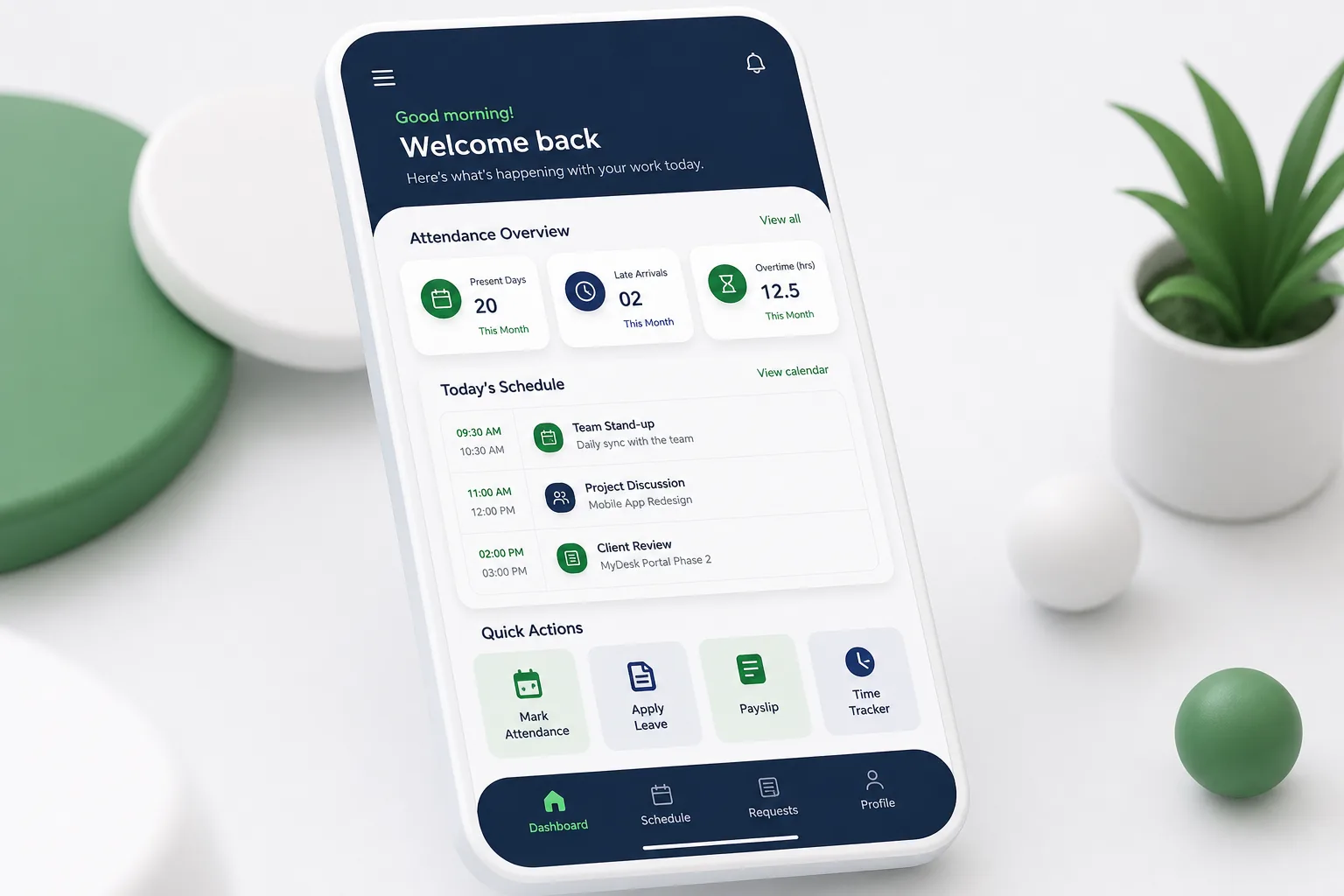 MyDesk Employee App — dashboard overview