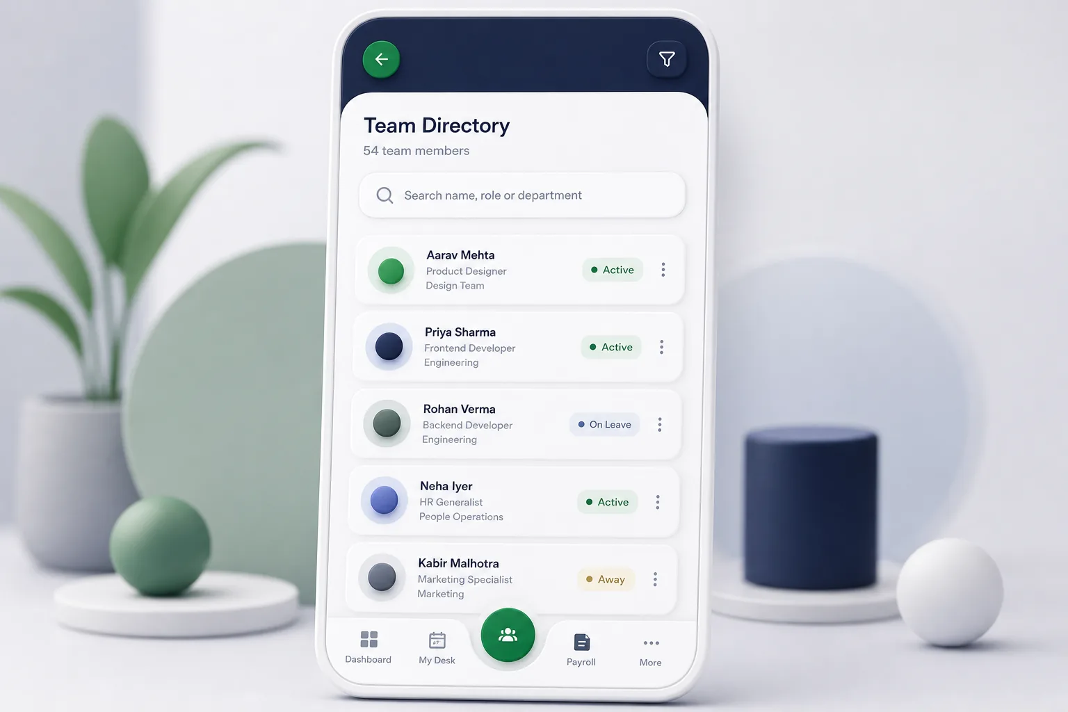 MyDesk Employee App — browse and list view