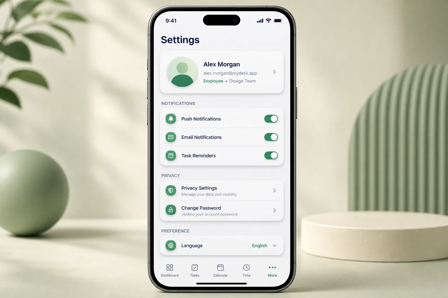 MyDesk Employee App — settings and configuration