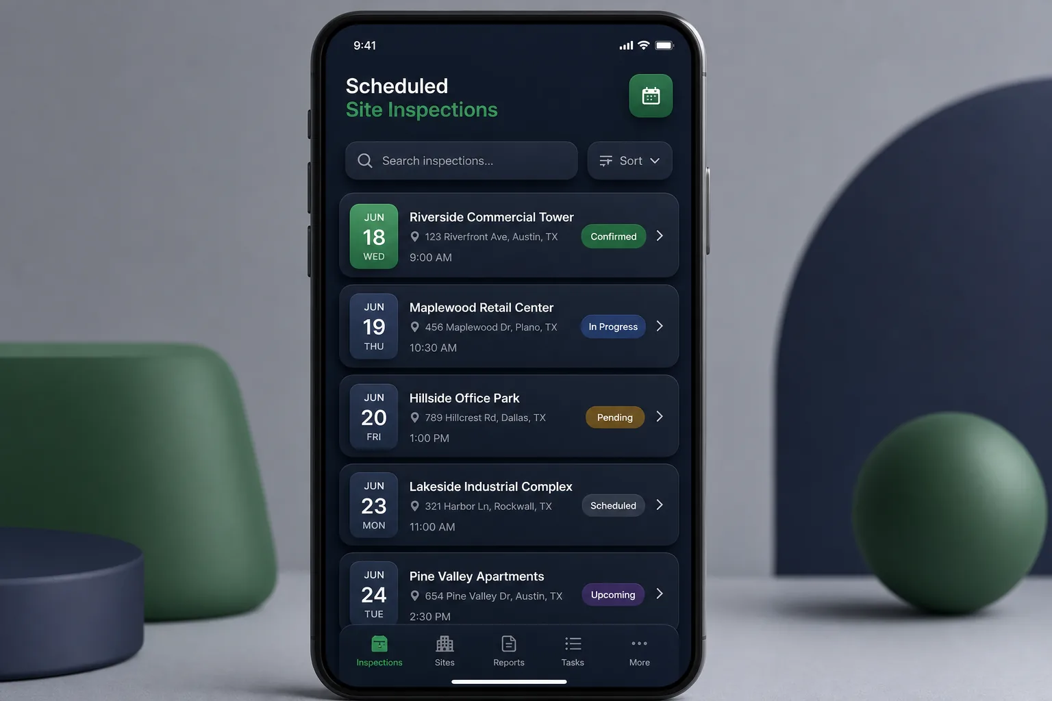 SiteCheck Inspection App — browse and list view